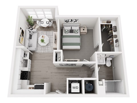 Floor plan layout of 632 sf studio apartment.